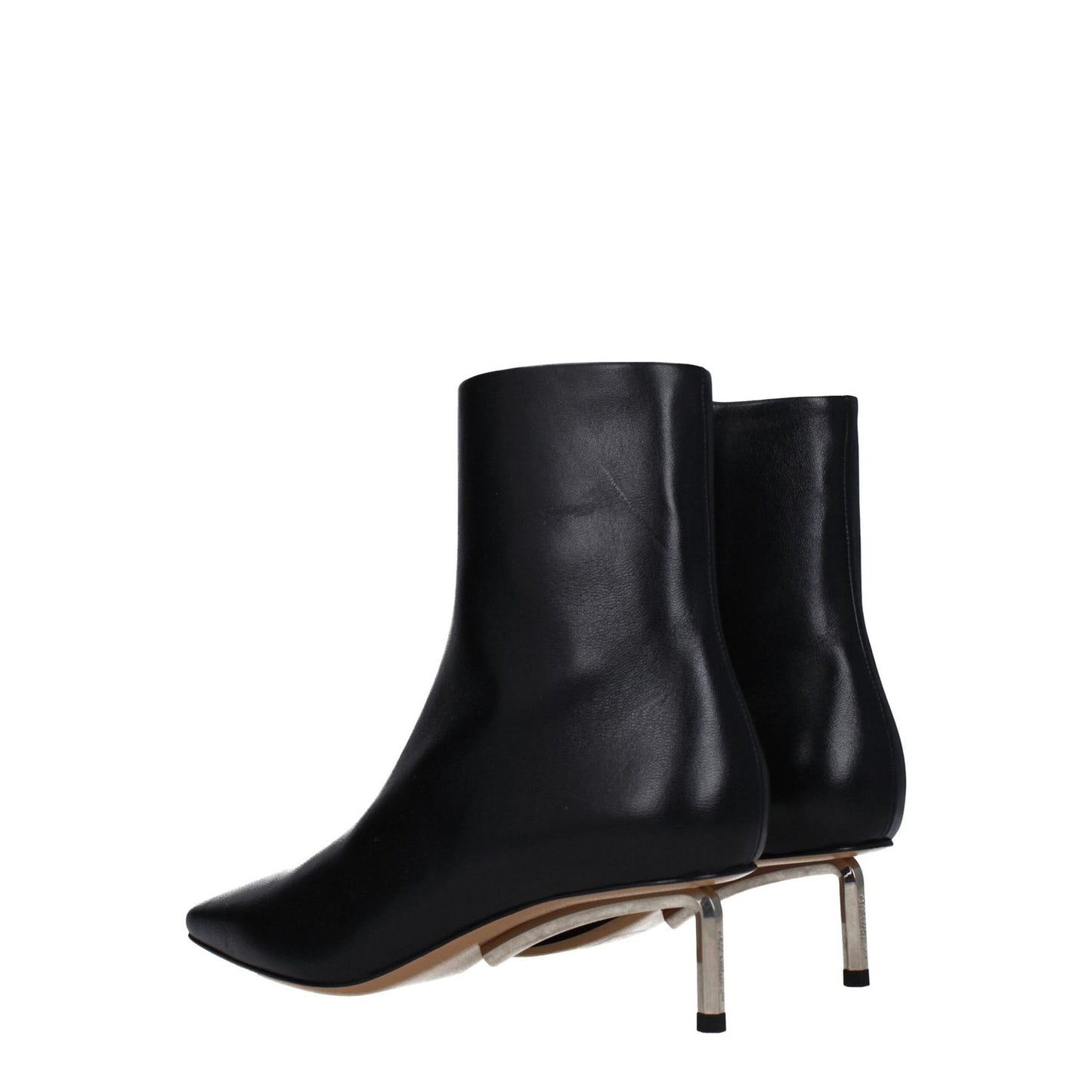 View of Off-White Black Leather Ankle Boots with mid heels and square toe design, featuring zip closure and leather sole.