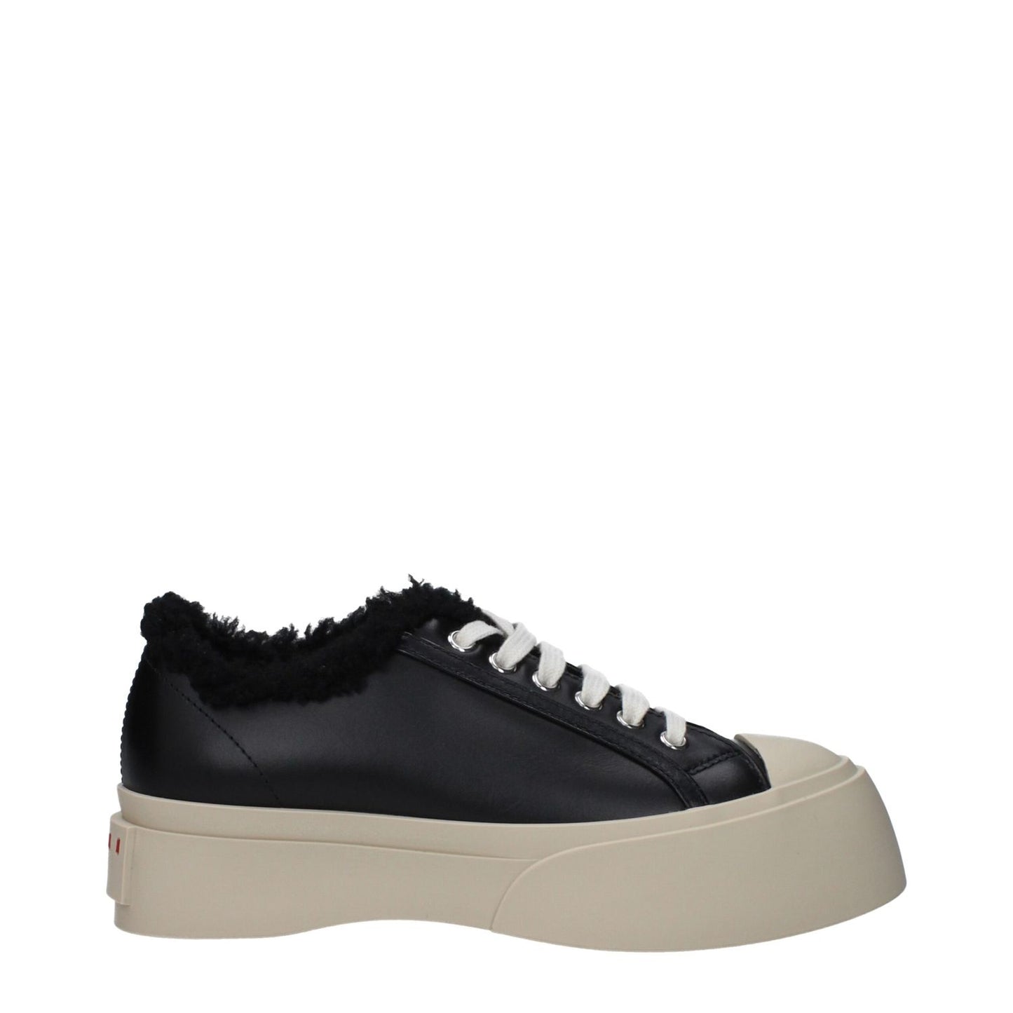 Marni Black Leather Chunky Sneakers with fur detail, front and back logos, rubber sole, lace-up closure, and mid heels.