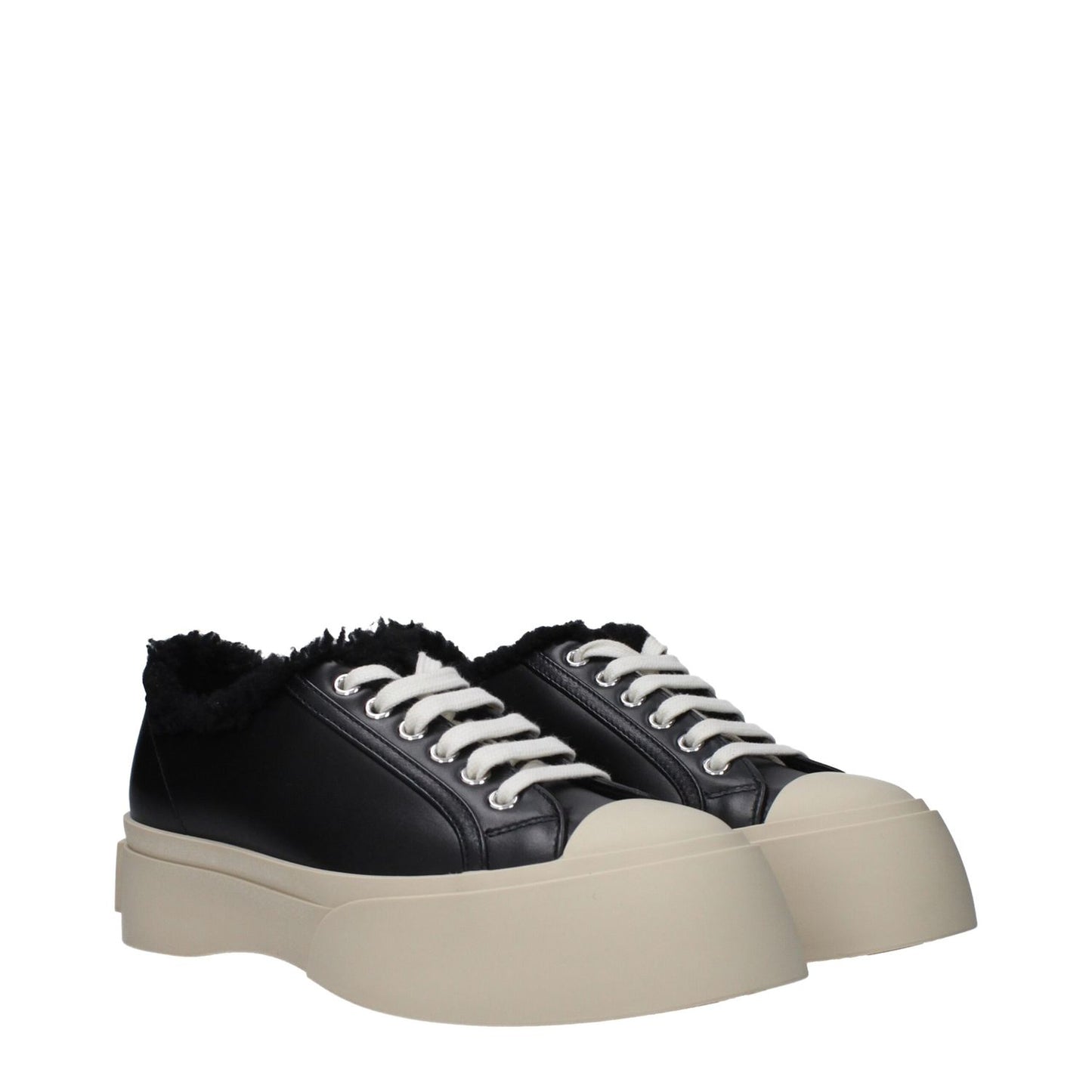 Marni Black Leather Chunky Sneakers with fur detail, front and back logo, lace-up closure, rubber sole, 3.5 cm heel, round toe design.