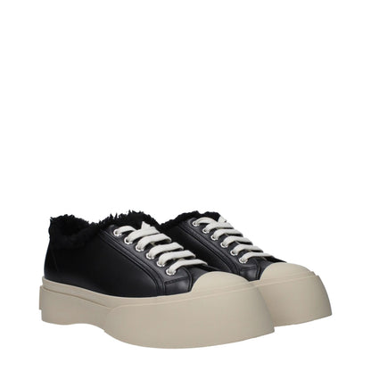 Marni Black Leather Chunky Sneakers with fur detail, front and back logo, lace-up closure, rubber sole, 3.5 cm heel, round toe design.