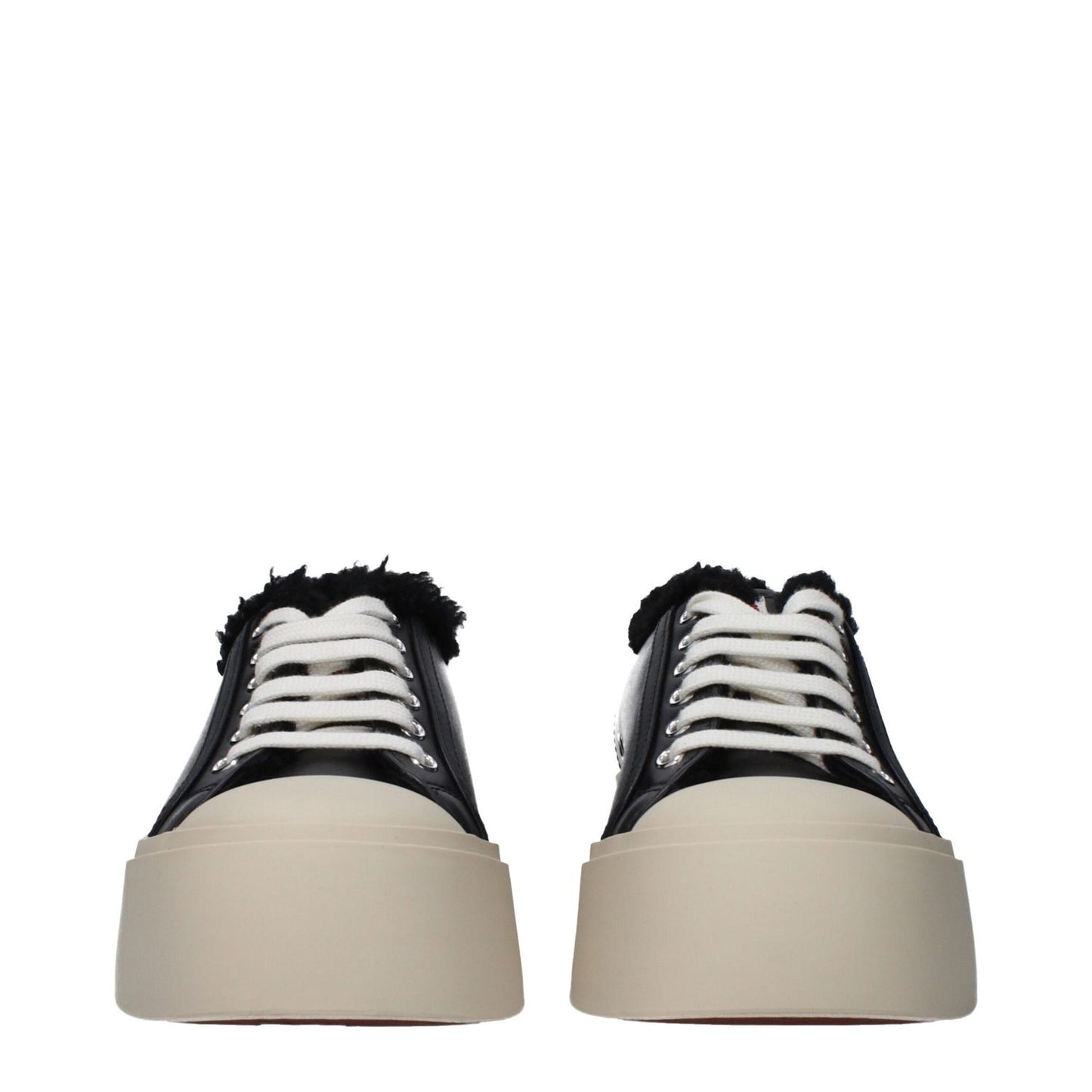 Front view of Marni Black Leather Chunky Sneakers with lace-up closure and fur detail on a rubber sole.