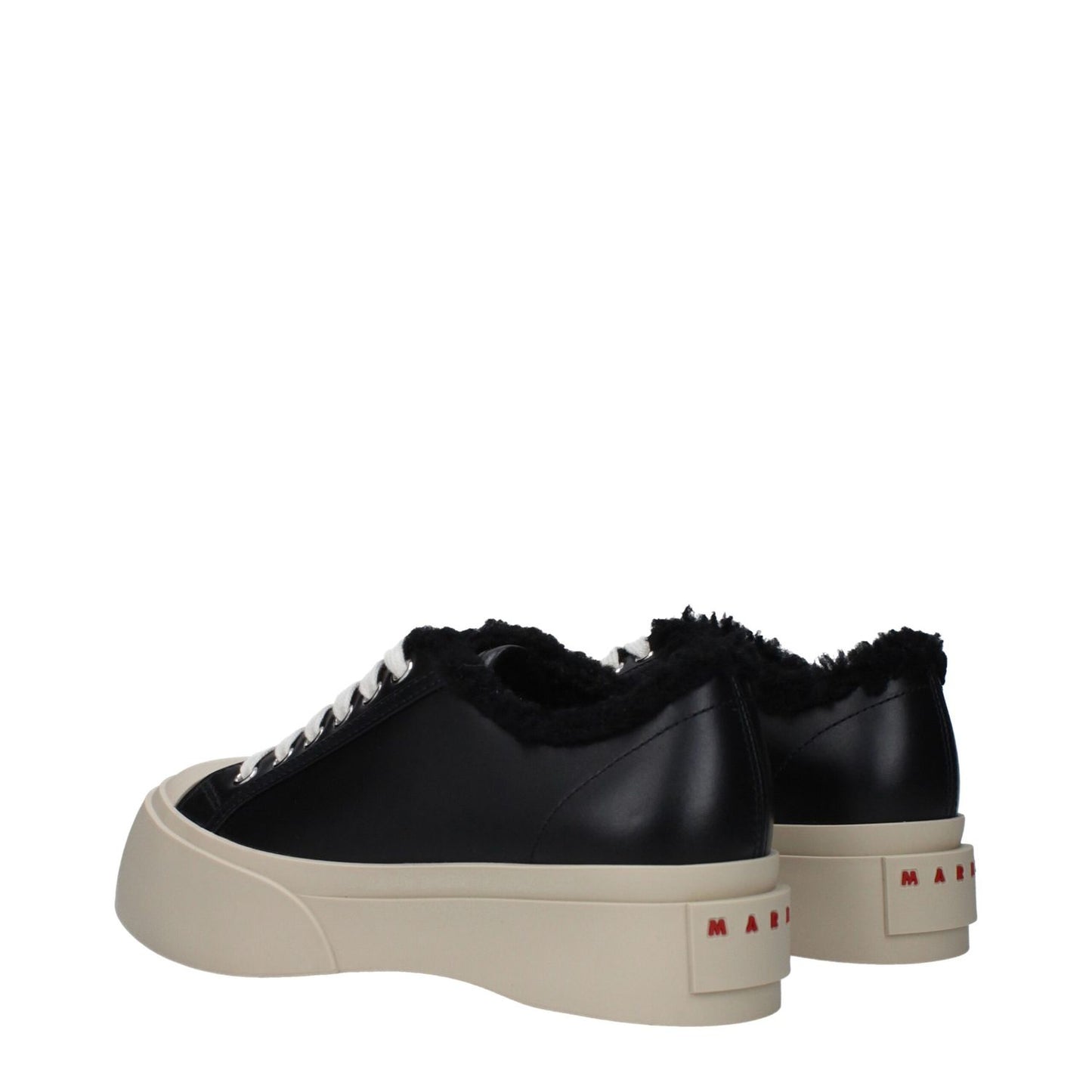 Marni Black Leather Chunky Sneakers with fur detail, featuring front and back logo, round toe design, and rubber sole.