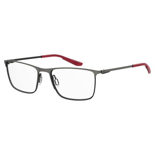 Under Armour Black Metal Frames rectangular glasses with red temple tips, model UA5006G003F71, 57/18/140 mm dimensions.