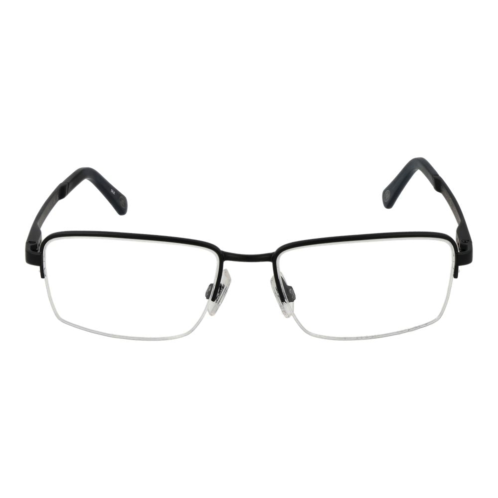 Land Rover Black Men Glasses Frame in stainless steel half-rim design with black browline, includes branded case and demo lenses.