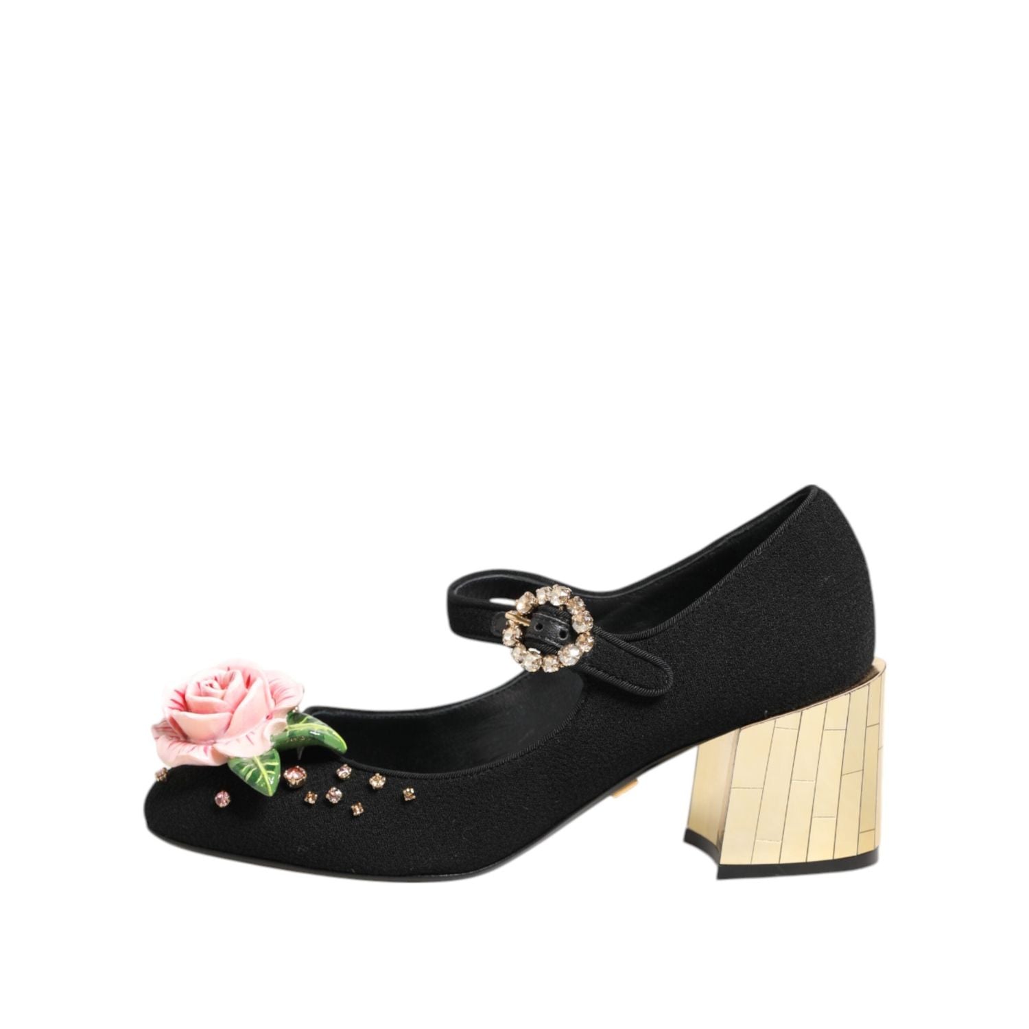 Dolce & Gabbana Black Flower Crystal Embellished Mary Jane Shoes