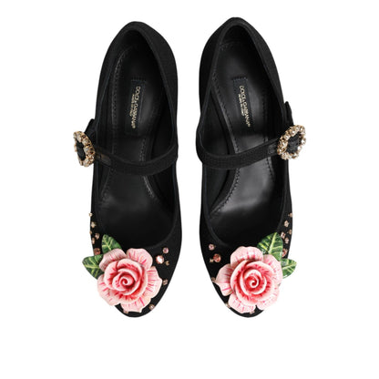 Dolce & Gabbana Black Flower Crystal Embellished Mary Jane Shoes