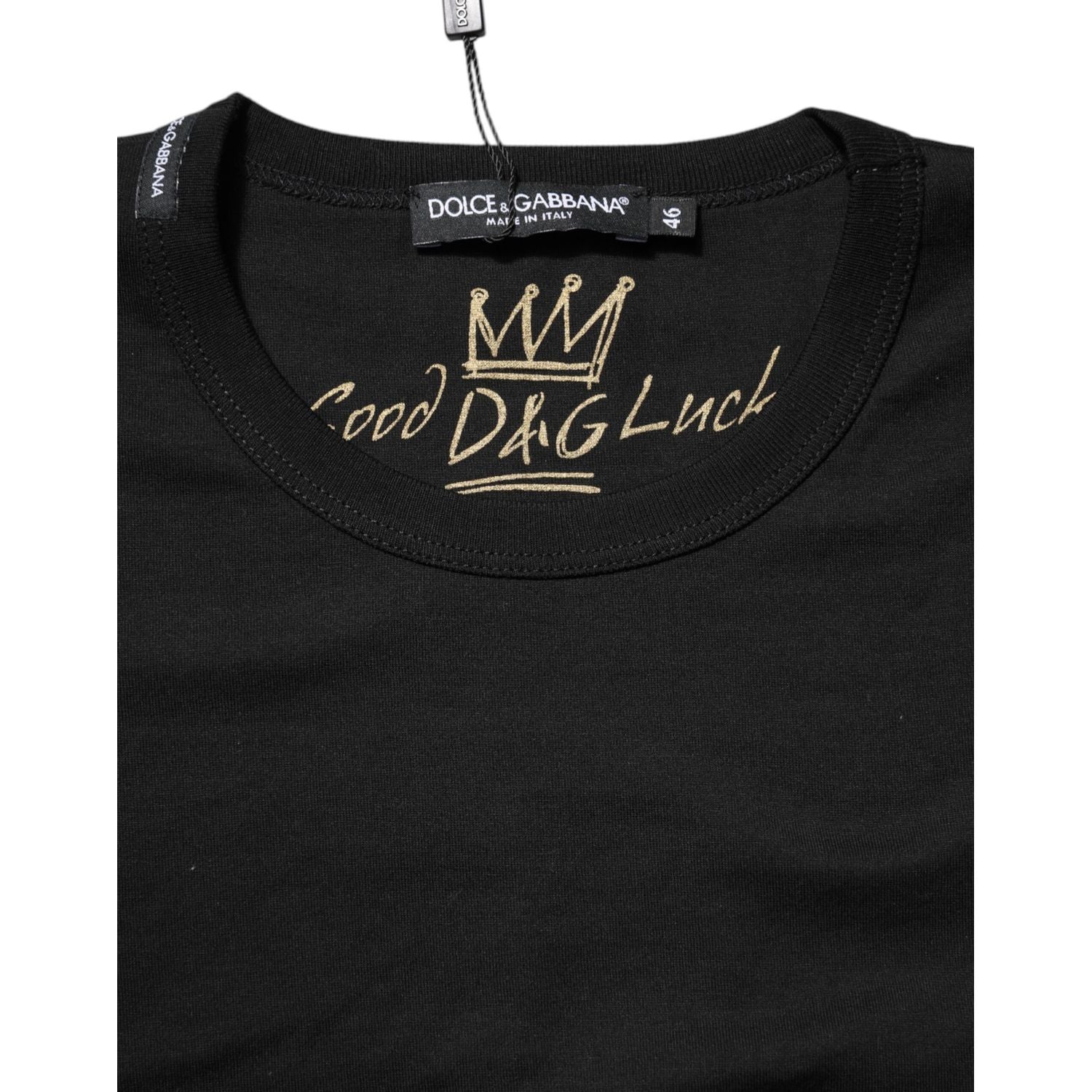 Dolce & Gabbana Black Cotton Goodluck Tee Crew Neck T-shirt