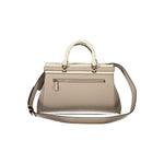 Guess Jeans Beige Polyethylene Handbag with adjustable strap, external pocket, and zip closure, featuring logo and protective feet.