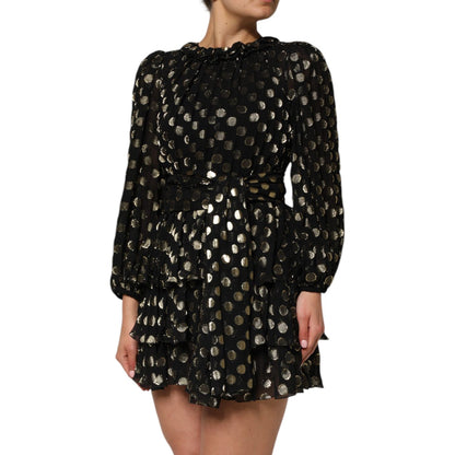Dolce & Gabbana Black Gold Polka Dot Silk Brocade Mini Dress