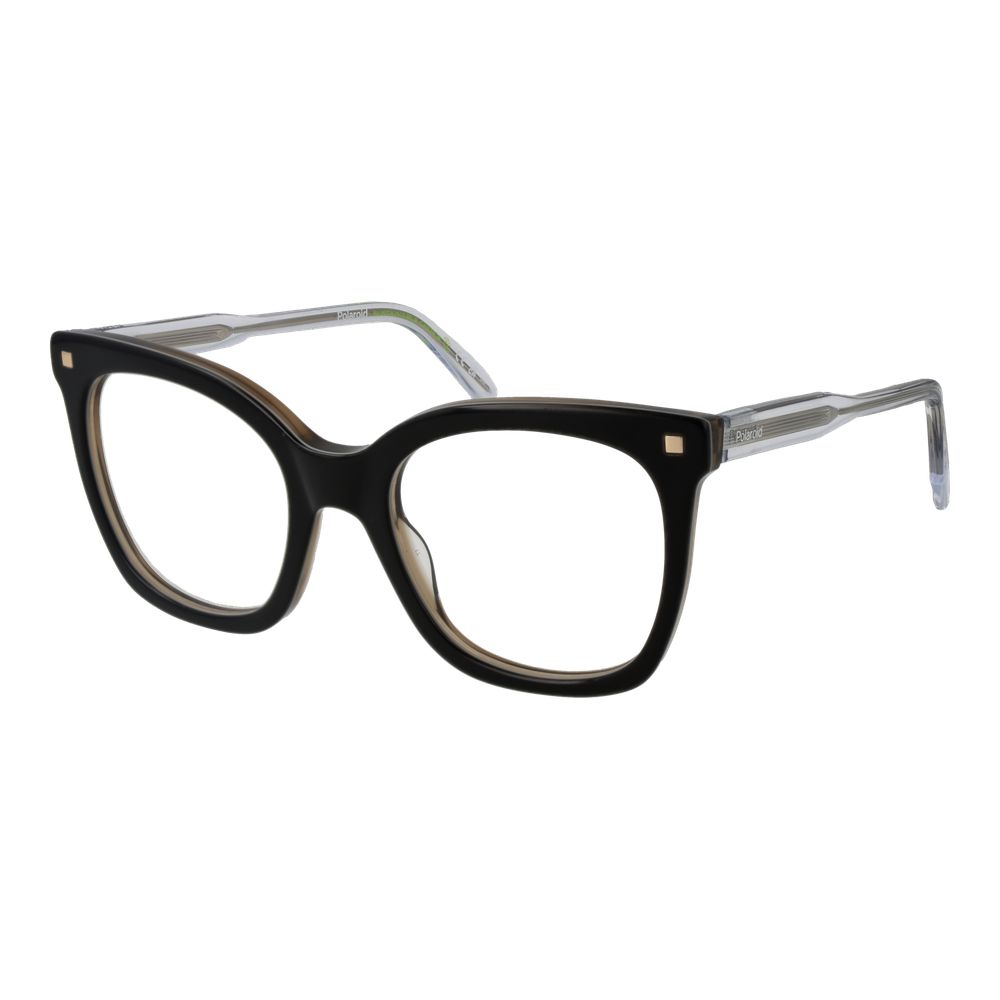 Polaroid Black Women Glasses Frame with full-rim acetate, square style, demo plastic lenses, and spring hinge for a stylish look.