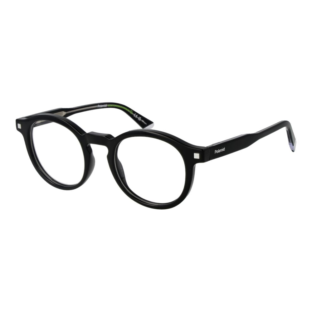 Polaroid Black Men Glasses Frame with full-rim panto style, cellulose propionate material, demo lenses, and spring hinge, size 48-21-145.