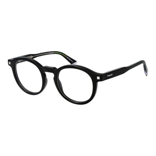 Polaroid Black Men Glasses Frame with full-rim panto style, cellulose propionate material, demo lenses, and spring hinge, size 48-21-145.