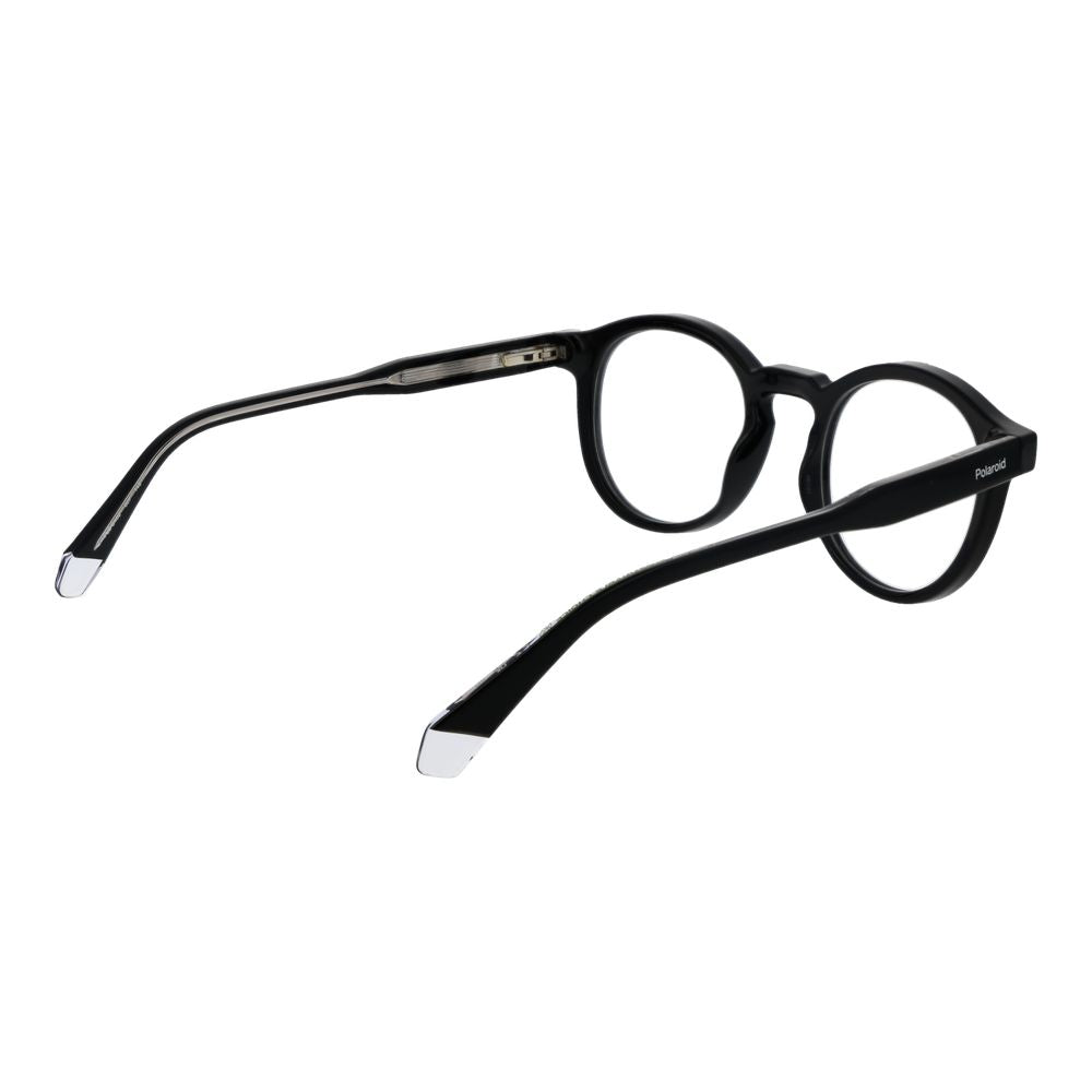 Polaroid Black Men Glasses Frame, full-rim cellulose propionate, size 48-21-145 with demo plastic lenses and spring hinge.