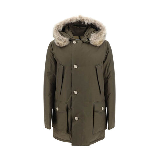 Woolrich Green Cotton Parka with fur hood, buttons, and pockets designed for AW25 season.