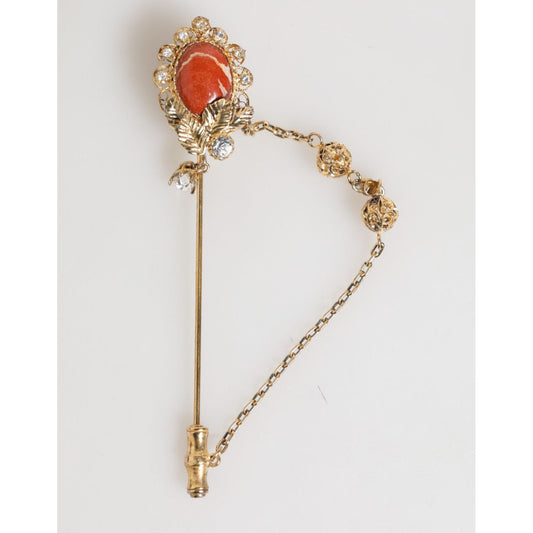 Dolce & Gabbana Gold Brass Crystal Chain 925 Sterling Silver Pin Brooch SMY11077