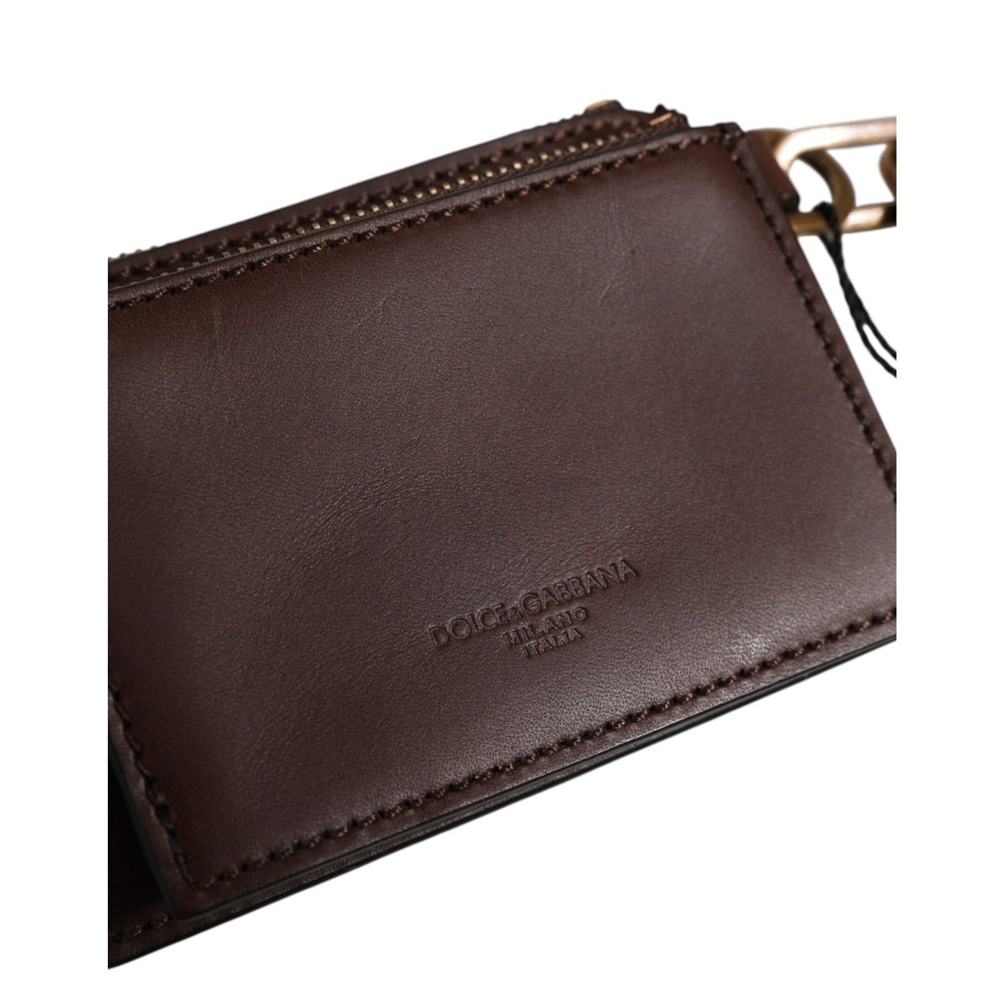 Dolce & Gabbana Brown Calf Leather Zip Logo Keyring Coin Purse Men Wallet