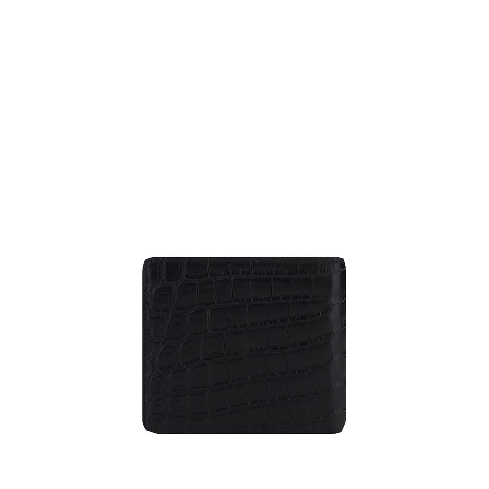 Saint Laurent Black Calf Leather Bos Taurus Wallet with embossed monogram, featuring billfold design and card slots.