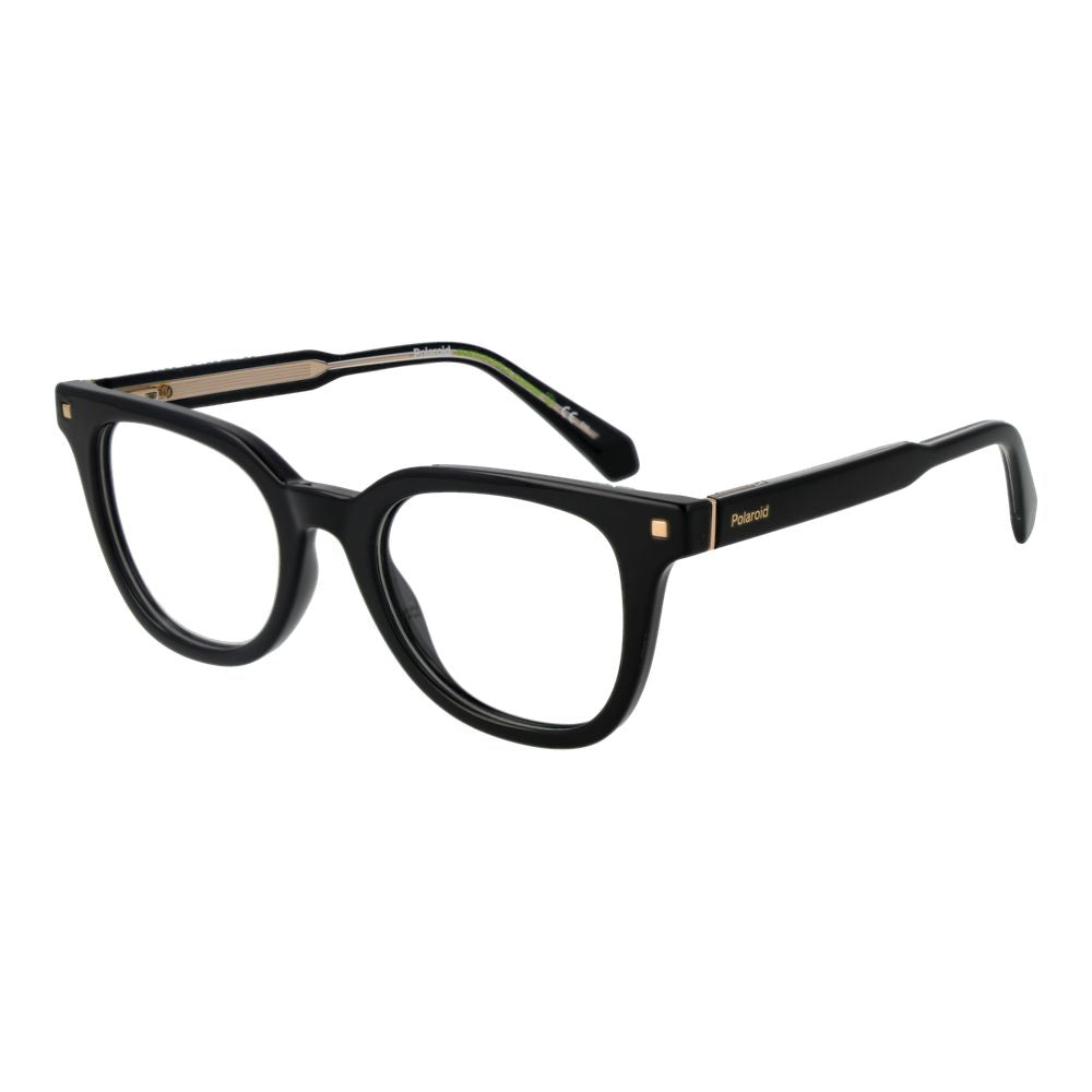 Polaroid Black Women Glasses Frame with full-rim black cellulose propionate, demo lenses, and branded case, size 49-20-145.