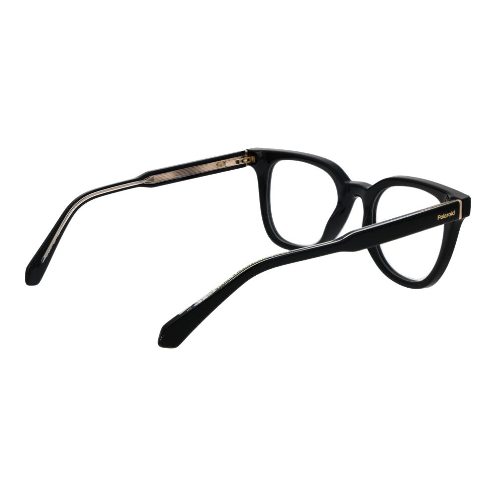 Polaroid Black Women Glasses Frame in cellulose propionate with full-rim black panto style and spring hinge.