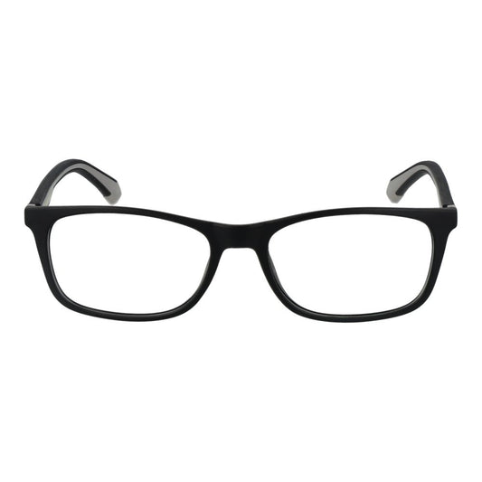 Polaroid Black Men Glasses Frame, full-rim rectangle design, black polyamide material, demo lenses, size 54-17-145, includes branded case.