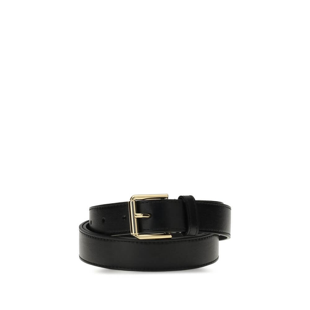 Givenchy Black Calf Leather Bos Taurus Regular Belt with gold metal details and engraved logo, showcasing luxury and sophistication.
