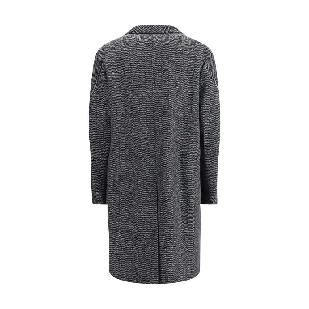Back view of Givenchy Gray Wool Coat featuring a wide classic lapel and elegant herringbone pattern, showcasing sophistication and functionality.