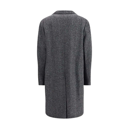 Back view of Givenchy Gray Wool Coat featuring a wide classic lapel and elegant herringbone pattern, showcasing sophistication and functionality.