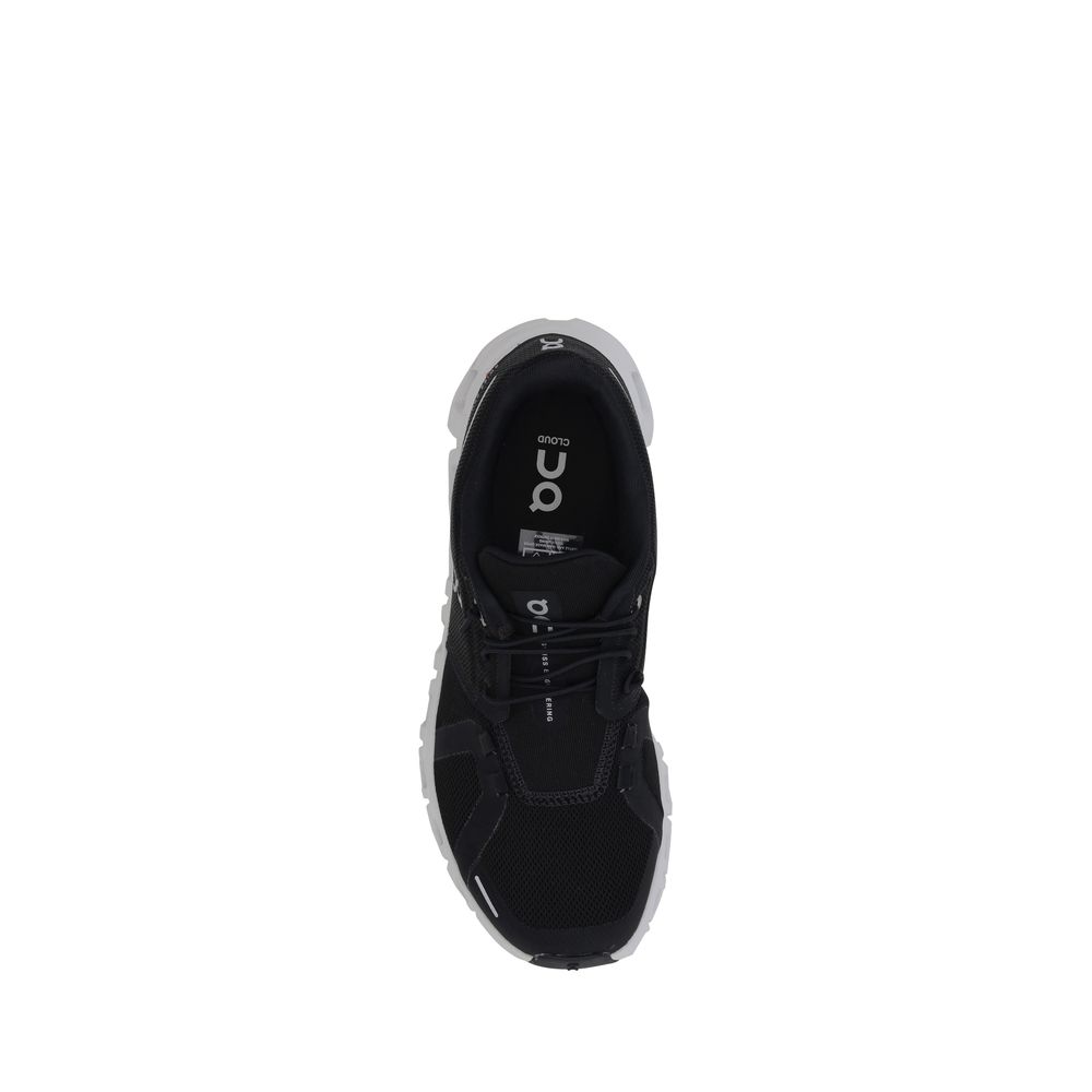 ON Black Polyester Athletic Sneakers with CloudTec technology, top view showing quick lacing and iconic monogram.