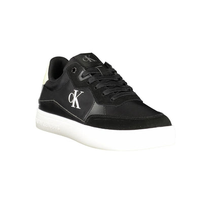 Calvin Klein Black Leather Men Sneaker with iconic CK logo on side, featuring sleek design and removable footbed for comfort.