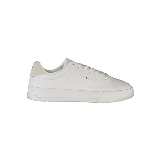 Tommy Hilfiger White Leather Men Sneaker with grey accents and iconic logo for casual sophistication and comfort.