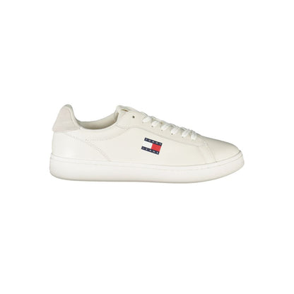 Tommy Hilfiger White Leather Men Sneaker with grey accents and logo, offering classic American style and comfort.