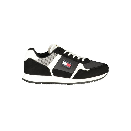 Tommy Hilfiger Black Polyester Men Sneaker with contrasting details and iconic logo, featuring removable footbed for comfort.