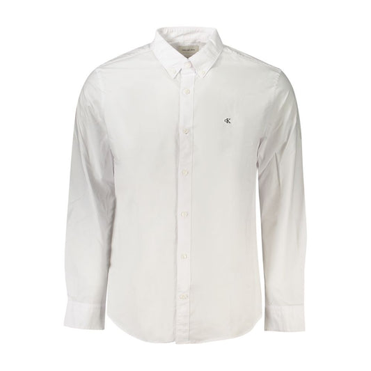 Calvin Klein White Cotton Men Shirt, long-sleeved classic fit with button-down collar, logo embroidery, stylish and comfortable