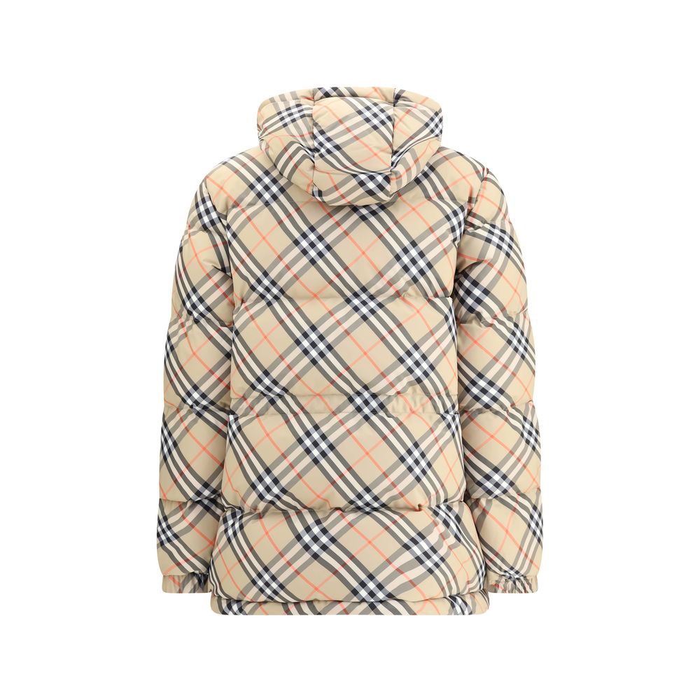 Burberry Beige Polyester Full-Length Jacket in iconic check pattern with adjustable hood and drawstring waist, showcasing classic style.