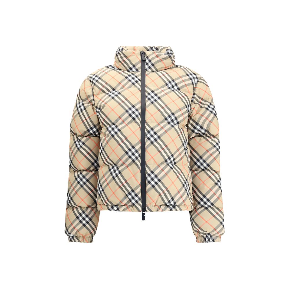 Burberry Beige Polyester Coat with iconic check pattern, zipper closure, and packaway hood for a contemporary, functional look.