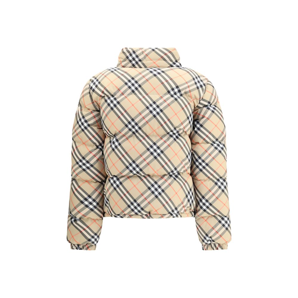 Burberry Beige Polyester Coat with check pattern, double-slider zipper, packaway hood, side pockets, and adjustable hem.