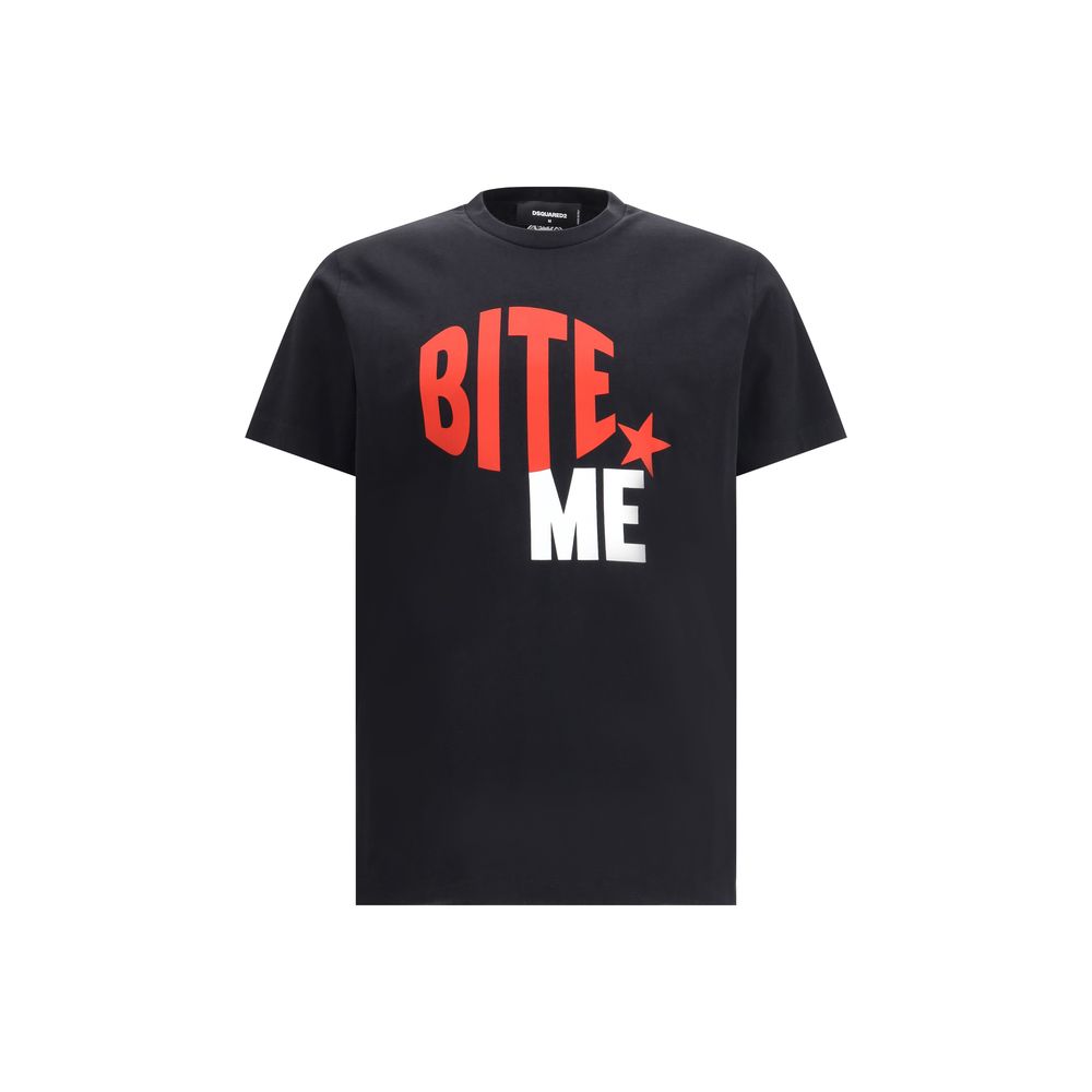 Dsquared² Black Cotton T-Shirt with 'Bite Me' print, ribbed crew neck, contrasting monogram on back, casual style, AW25, 100% cotton.