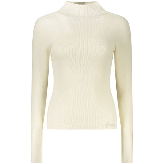 Guess Jeans White Wool Women Sweater with rhinestone logo, high neck, and long sleeves, showcasing sophistication and comfort.