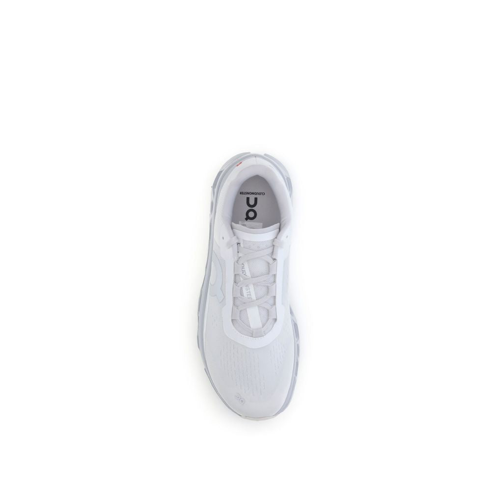 Top view of ON White Polyester Athletic Sneakers with reinforced sole and brand logo, designed for excellent cushioning and support.