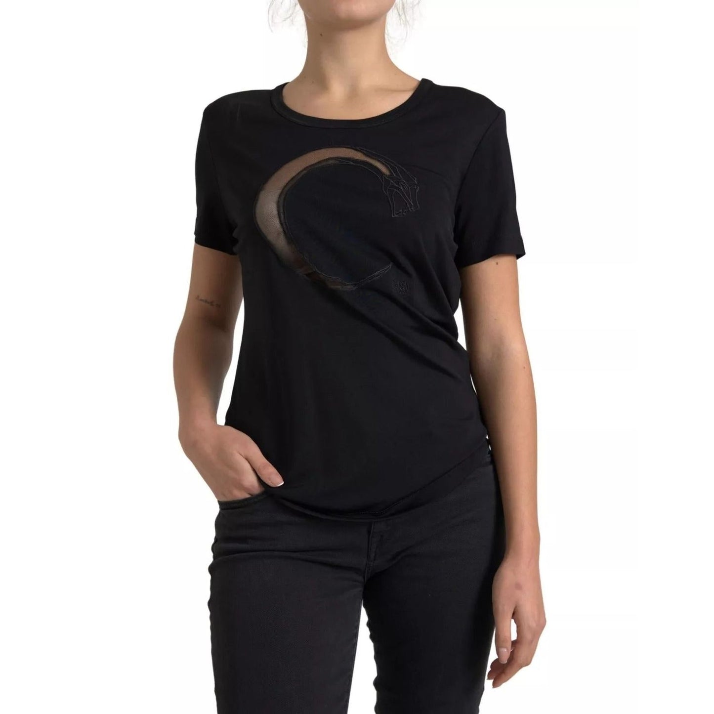 Roberto Cavalli Black Viscose Round Neck CLASS T-shirt TSH83341-44