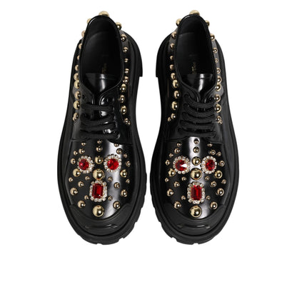 Dolce & Gabbana Black Leather Jeweled Crystals Derby Shoes
