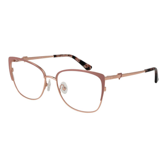 Guess Pink Women Glasses Frame in rose metal, butterfly style full-rim with 55mm demo lenses, includes branded case.