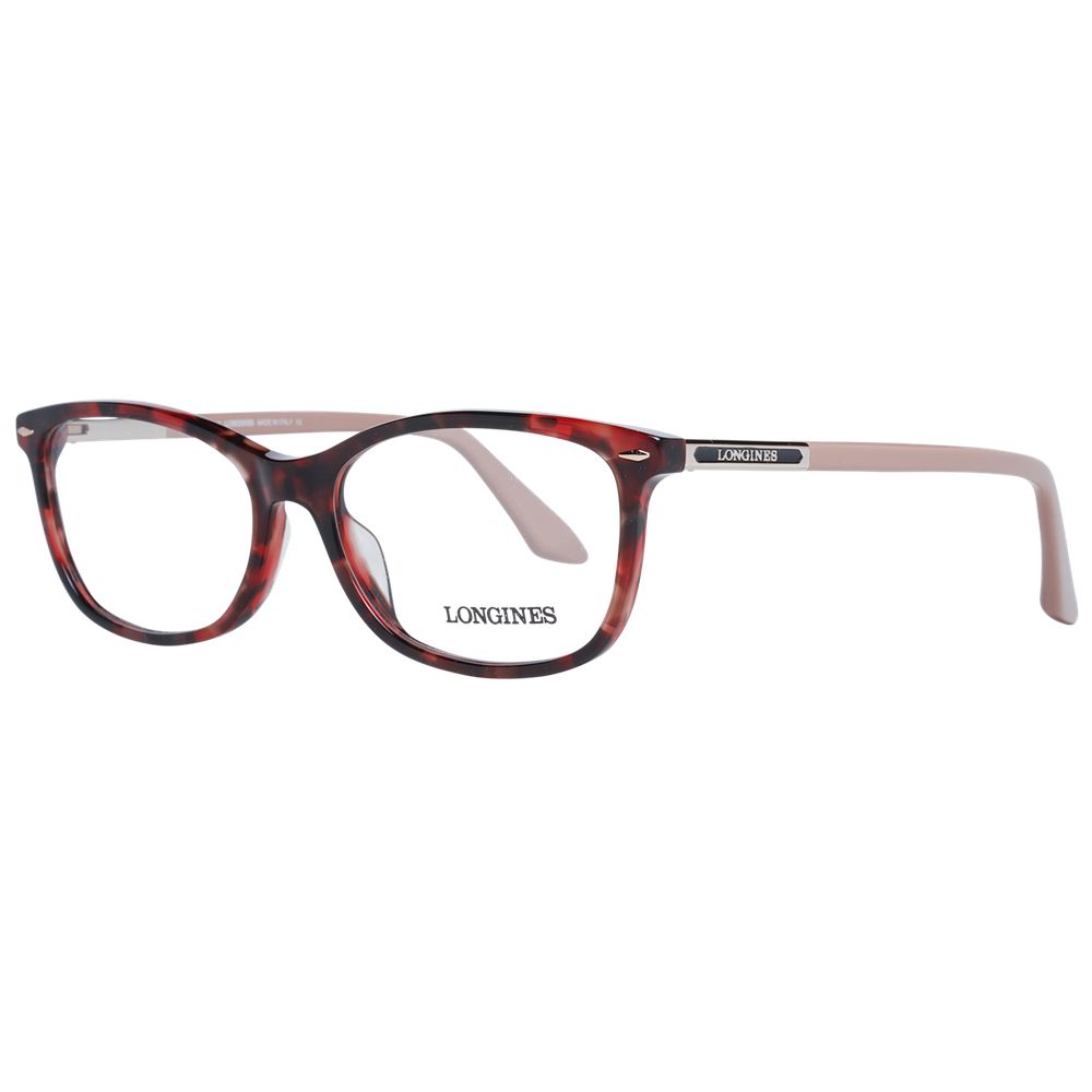Longines Red Women Glasses Frame in square style with full-rim design, plastic material, demo lenses, and branded case.