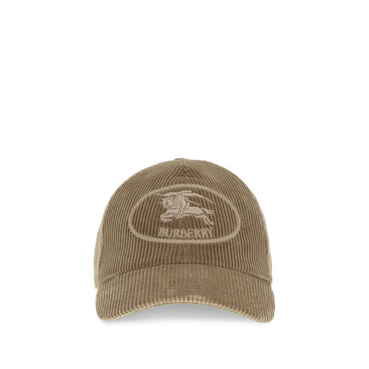 Burberry Beige Cotton Cap (Baseball Hat) with embroidered Equestrian Knight Design on front, featuring corduroy fabric and adjustable closure.