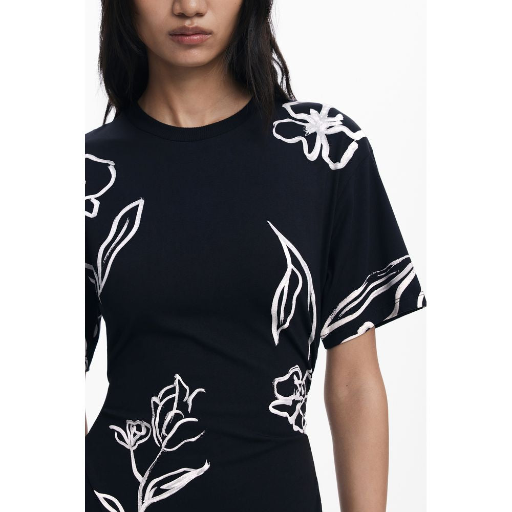 Desigual Black Cotton Women Dress with bold floral print and short sleeves, showcasing eclectic style and elegant design.