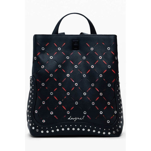 Desigual Black Polyethylene Women Backpack with studded finish and multiple compartments for style and practicality.