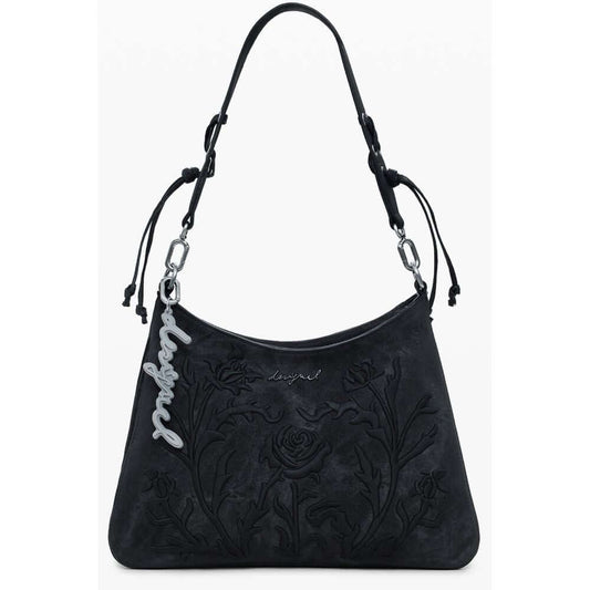 Desigual Black Polyethylene Women Handbag with floral embroidery, featuring removable shoulder handle and adjustable strap.