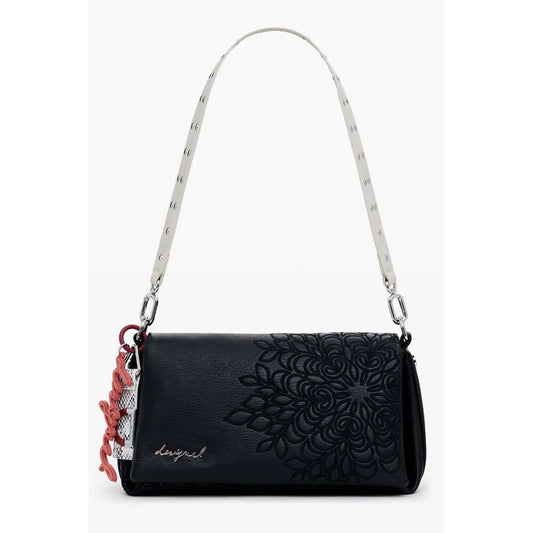 Desigual Black Polyethylene Women Handbag with floral embroidery, featuring adjustable strap and removable shoulder handle for versatile use.