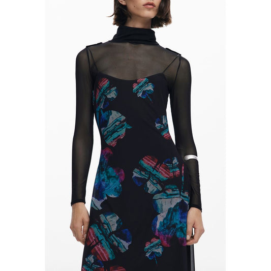Desigual Black Polyester Women Dress with watercolor design and long-sleeved T-shirt