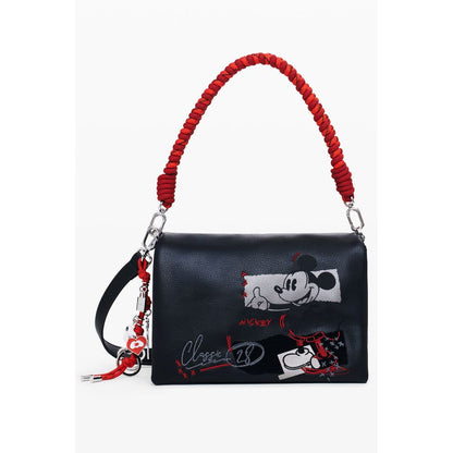 Desigual Black Polyethylene Women Handbag with Mickey Mouse design, red handles, and detachable strap. Features embroidery and relief print.